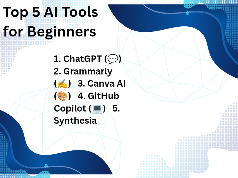 Top 5 AI tools for beginners including ChatGPT, Grammarly, Canva AI, GitHub Copilot, and Synthesia